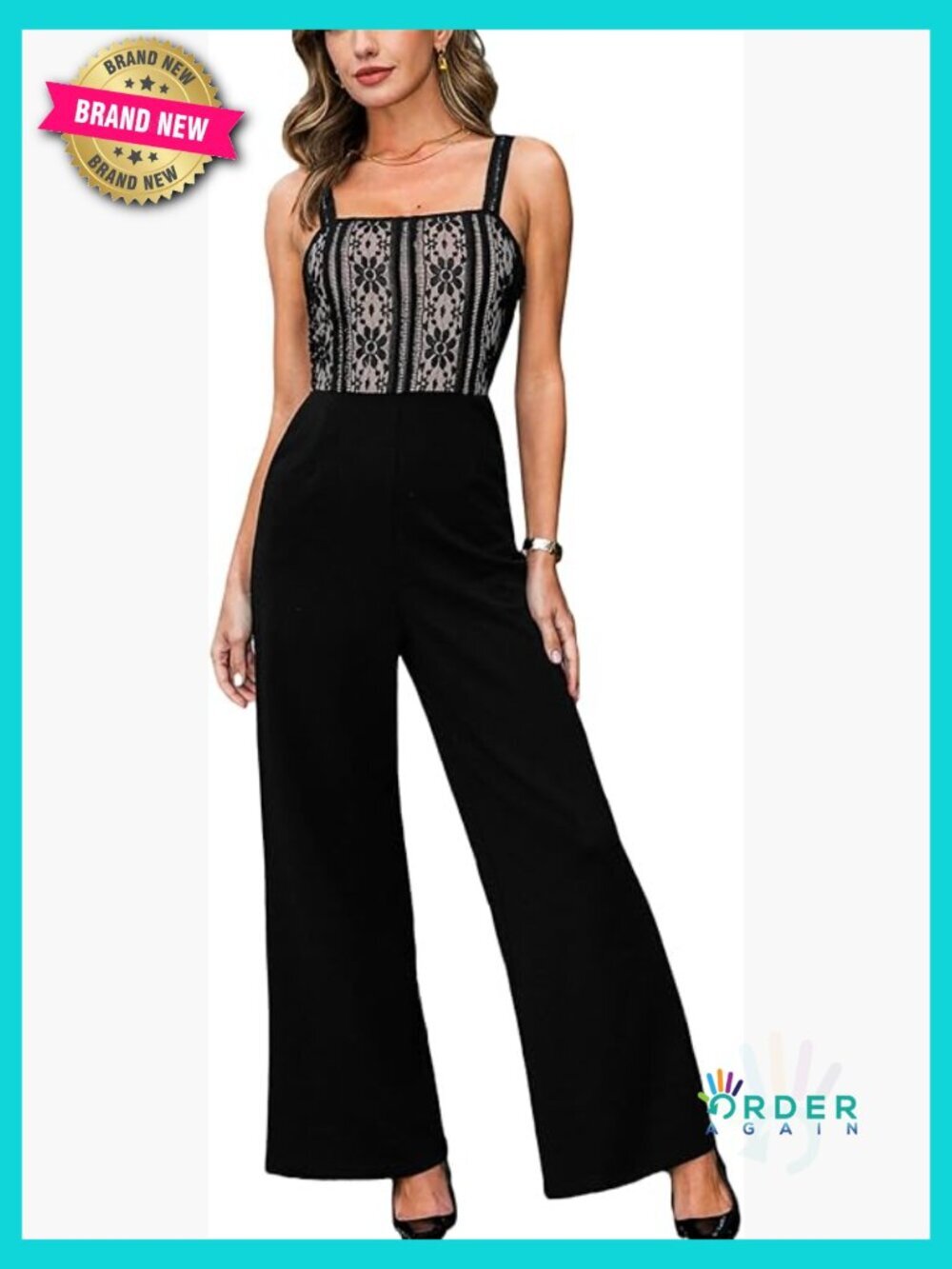 Lace Floral Wide Leg Jumpsuit Sleeveless Square Neck Romper with Pockets